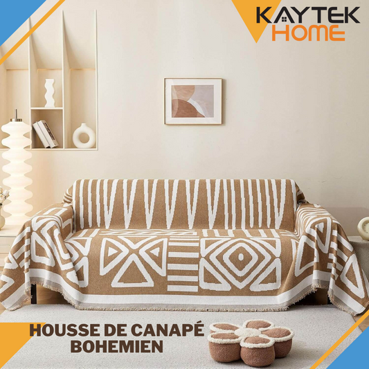 Housse Couverture Canapé Bohémien Anti-Griffes en Tissu Chenille Double Face - Beige