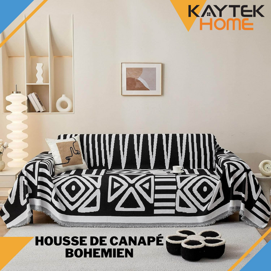 Housse Couverture Canapé Bohémien Anti-Griffes en Tissu Chenille Double Face - Noir