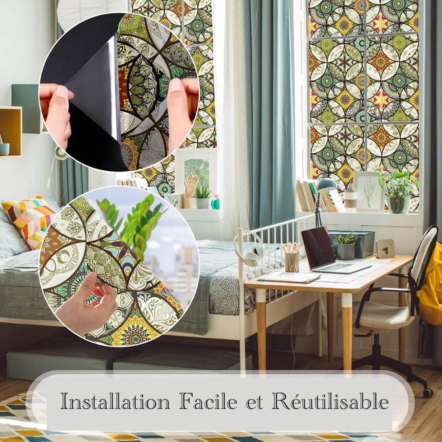 Film Adhésif Décoratif pour Fenêtre 3D Anti-regards - Motif Boheme Vert
