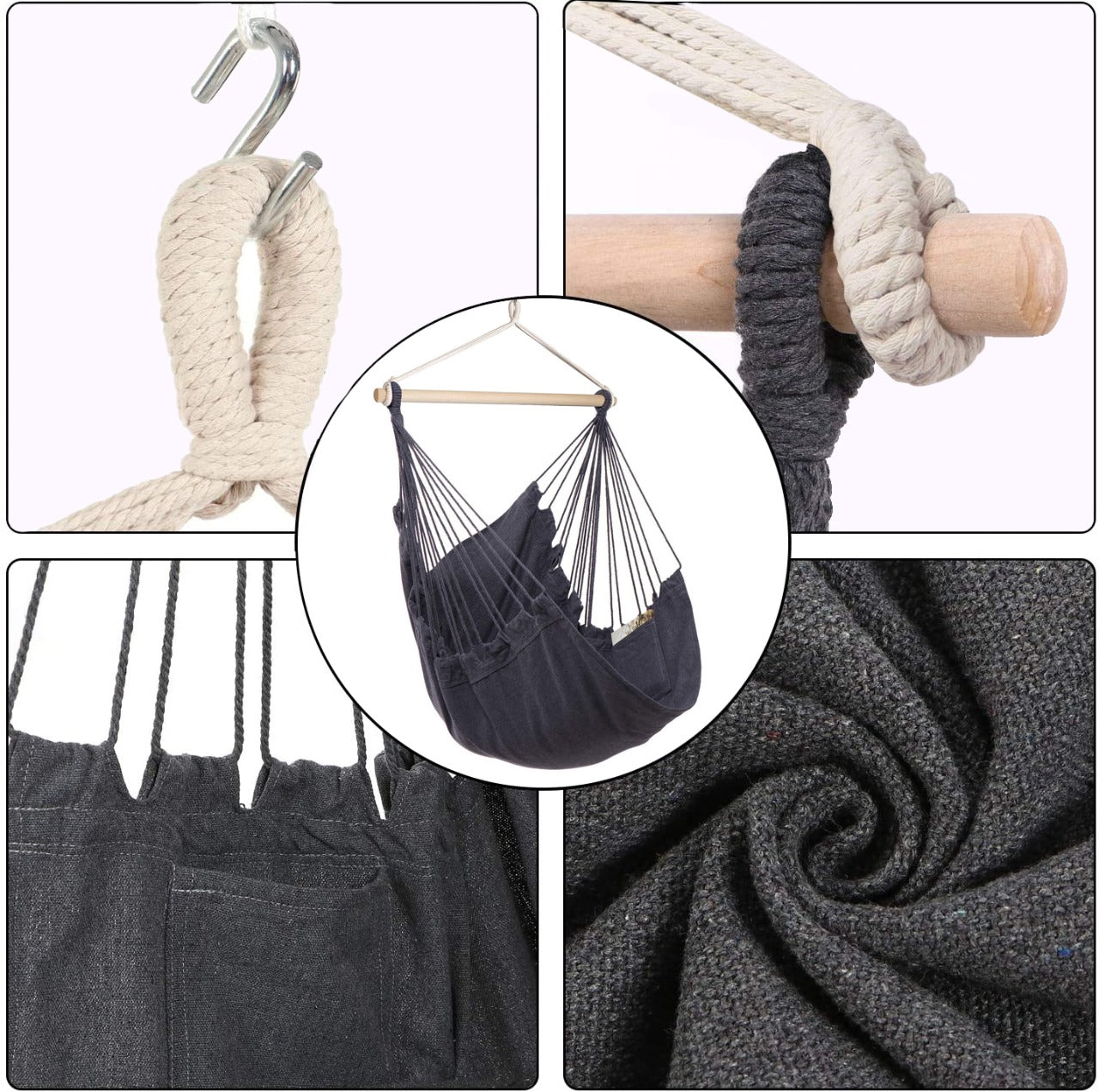 Fauteuil Suspendu Balançoire Hamac en Coton - Gris
