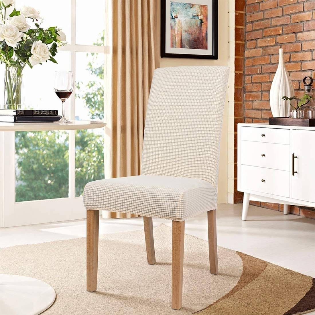 Housse de Chaise Extensible à Tissu Jacquard - Beige