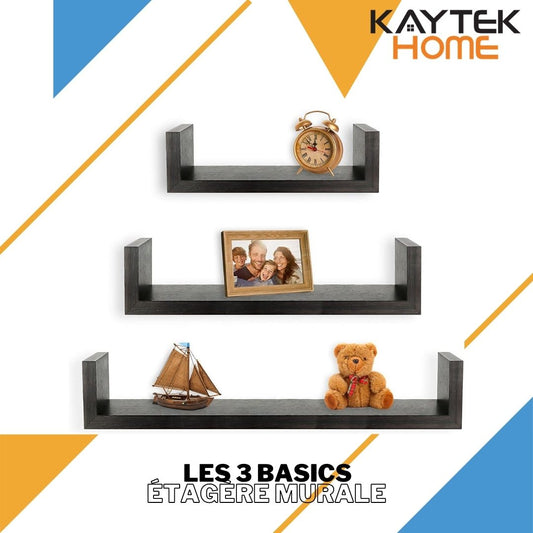 Lot de 3 Étagères Murales Flottantes Forme "U" en Bois MDF - Noir
