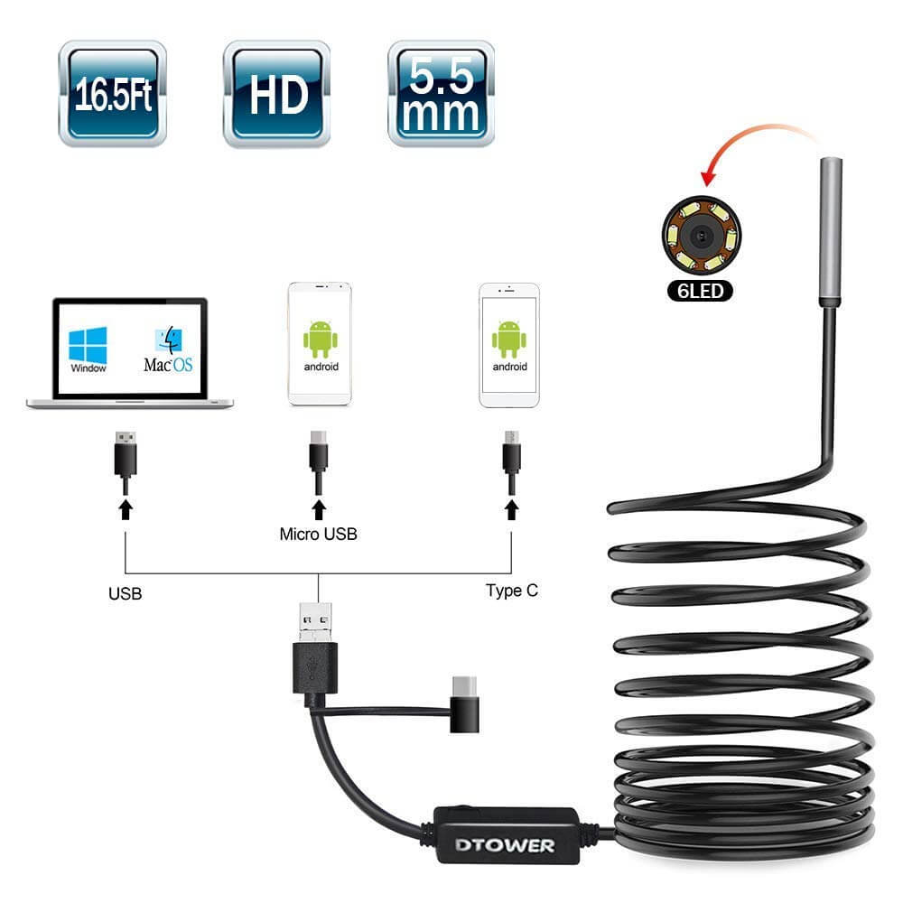 Endoscope USB Android HD 720P, 8 LED 8mm, IP67 étanche 3,5 mètres
