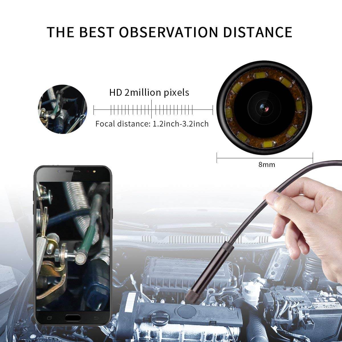 Endoscope USB Android HD 720P, 8 LED 8mm, IP67 étanche 3,5 mètres