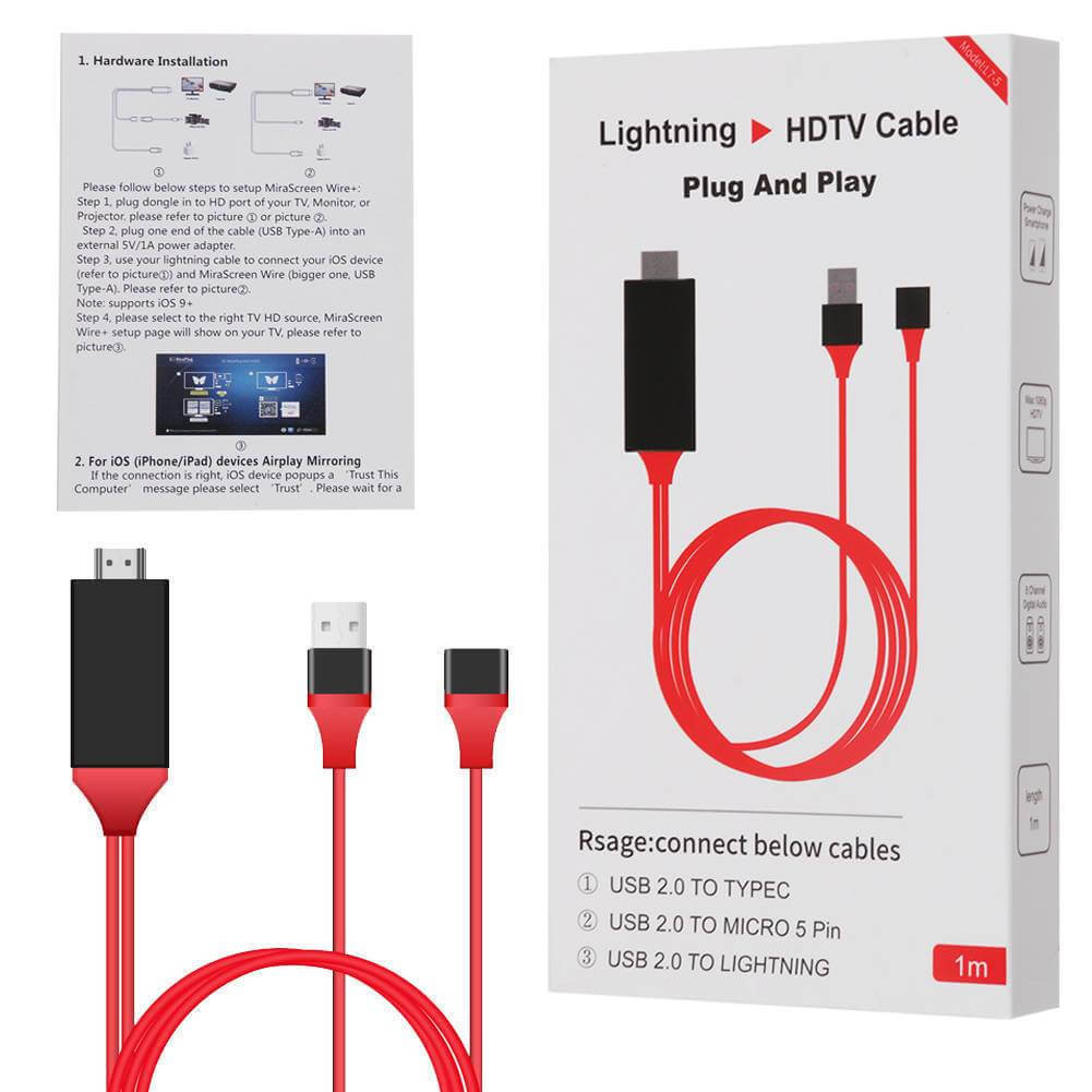 Adaptateur HDMI HDTV 1080p 4k Câble 1m pour iPhone iPad et Android