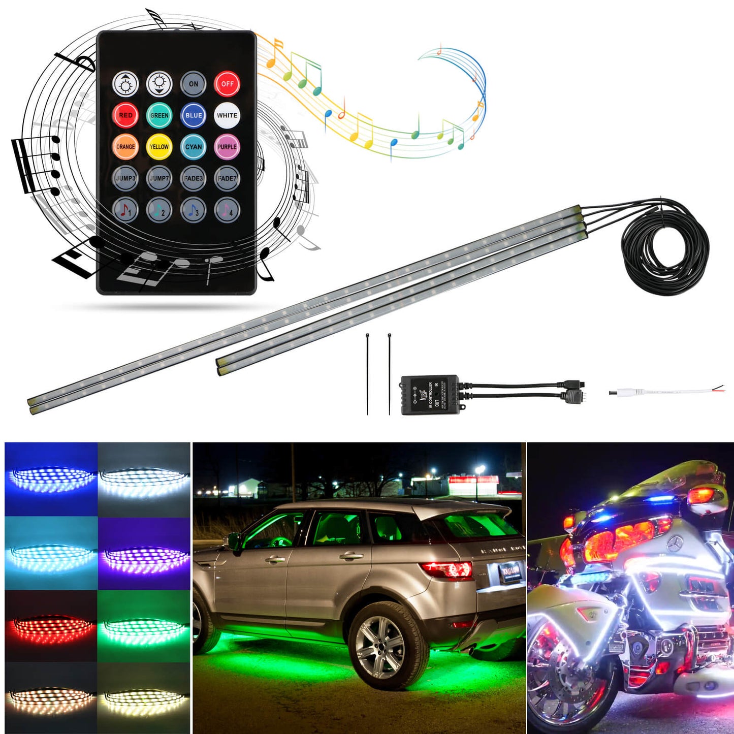Kit Voiture lumineux 12V 5050 RGB | 4 pièces, Etanche IP68 avec télécommande