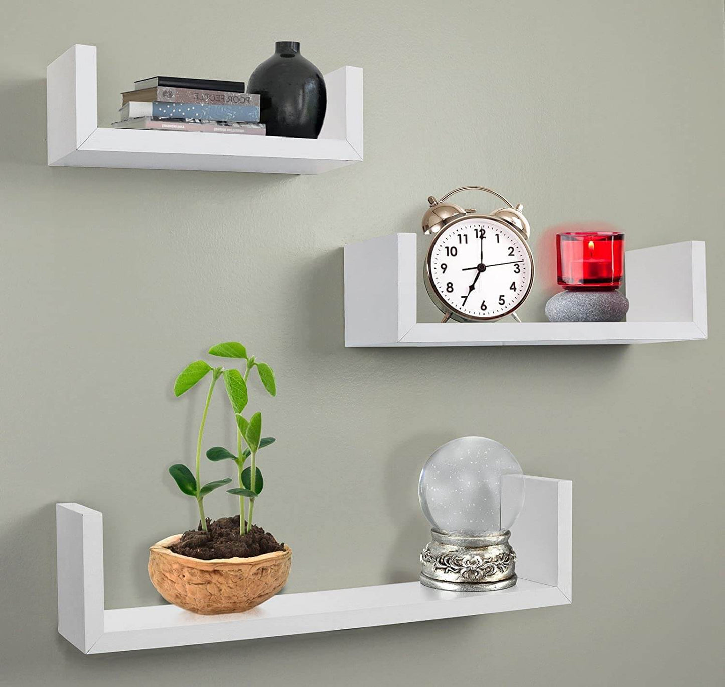 Lot de 3 Étagères Murales Flottantes Forme "U" en Bois MDF - Blanc