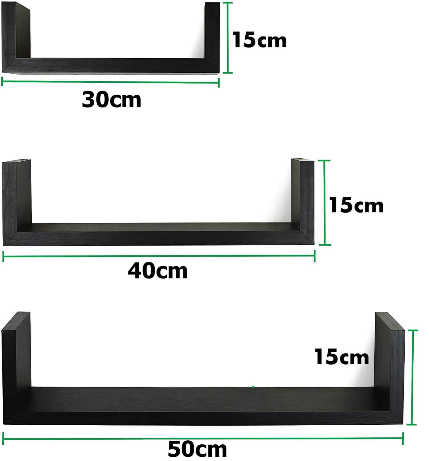 Lot de 3 Étagères Murales Flottantes Forme "U" en Bois MDF - Noir