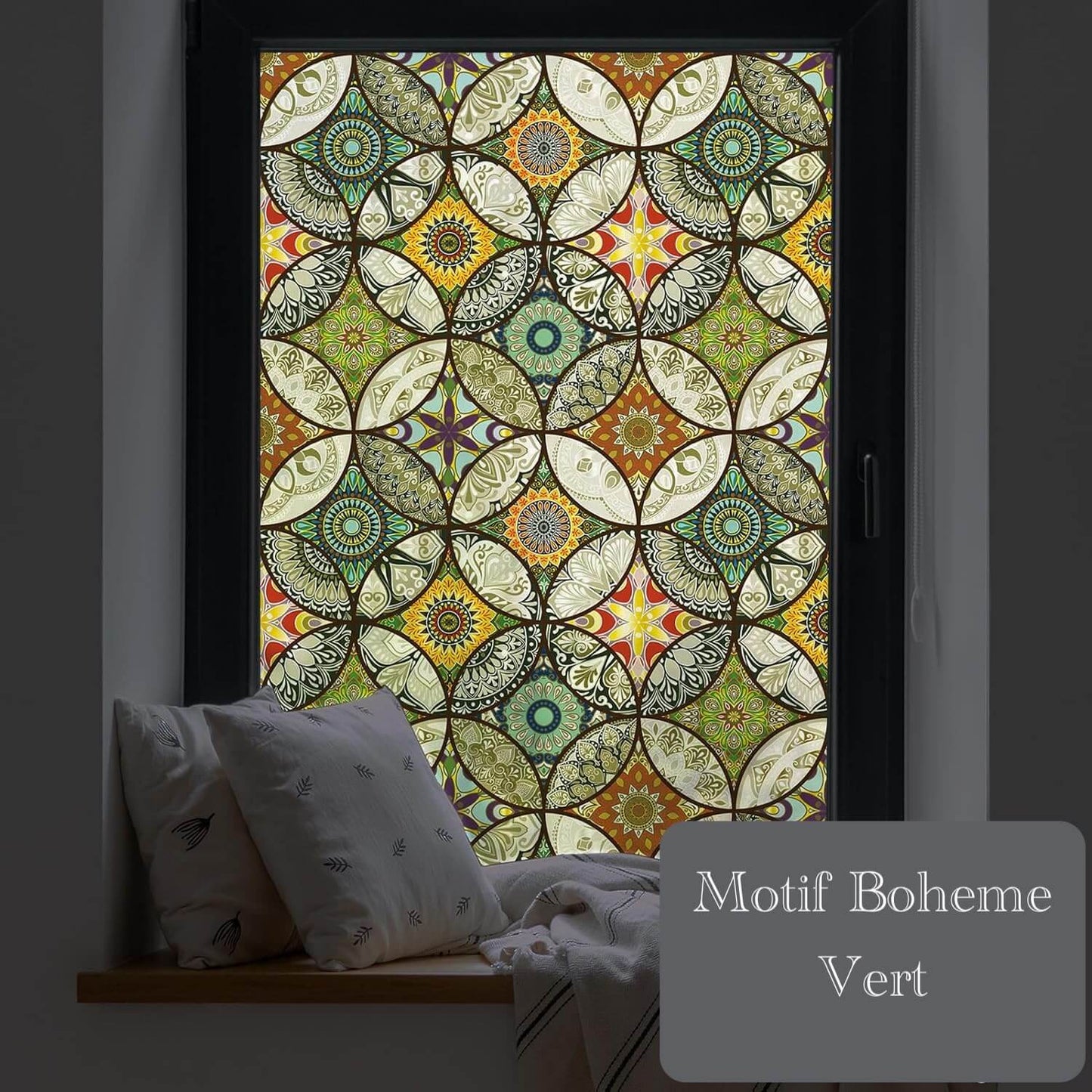 Film Adhésif Décoratif pour Fenêtre 3D Anti-regards - Motif Boheme Vert