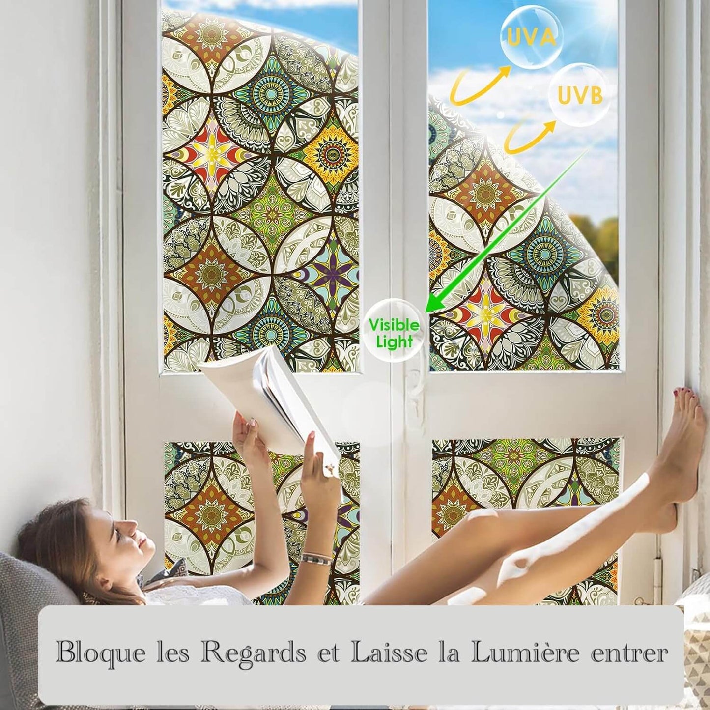 Film Adhésif Décoratif pour Fenêtre 3D Anti-regards - Motif Boheme Vert