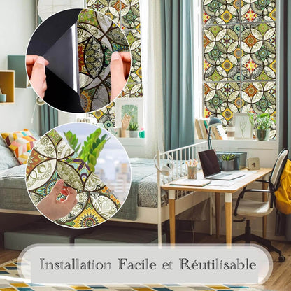 Film Adhésif Décoratif pour Fenêtre 3D Anti-regards - Motif Boheme Vert