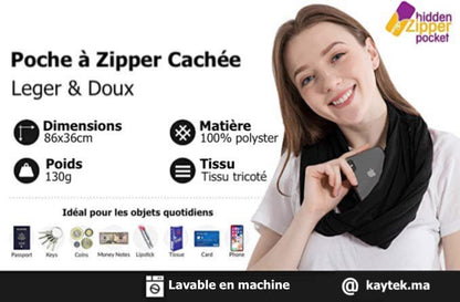 Echarpe à Poche Zipper Cachée Unisexe - Noir