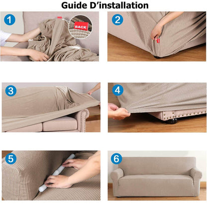 Housse Canapé Extensible à Tissu Jacquard - Beige Sable