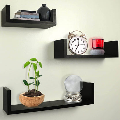 Lot de 3 Étagères Murales Flottantes Forme "U" en Bois MDF - Noir