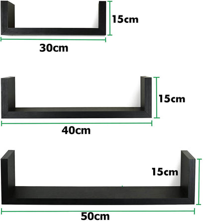 Lot de 3 Étagères Murales Flottantes Forme "U" en Bois MDF - Noir