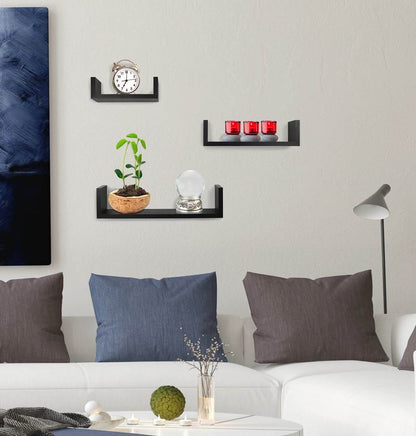 Lot de 3 Étagères Murales Flottantes Forme "U" en Bois MDF - Noir